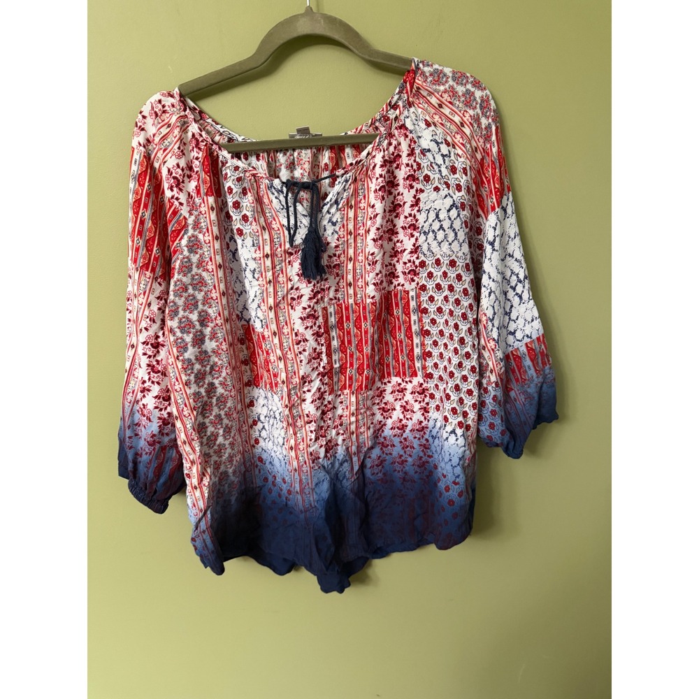 Avenue Womens 14/16 Peasant Top Red White Blue Floral Patchwork Ombre Tassel